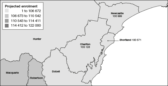 Projected enrolment as at 25 August 2019 for existing Divisions of Charlton, Newcastle and Shortland