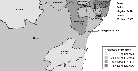 Projected enrolment as at 25 August 2019 for existing electoral divisions – Cunningham, Macarthur, Throsby and Werriwa