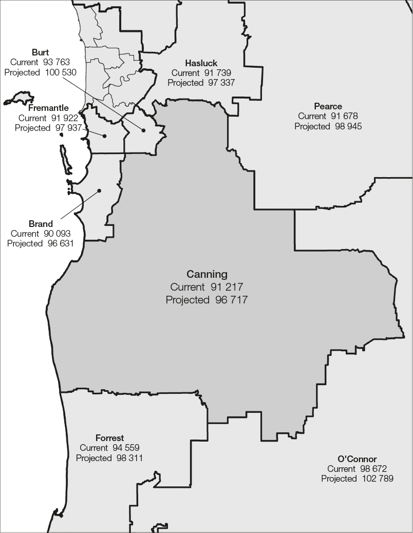 The proposed Division of Canning is surrounded by the Divisions of Brand, Burt, Forrest, Fremantle, Hasluck, O’Connor and Pearce