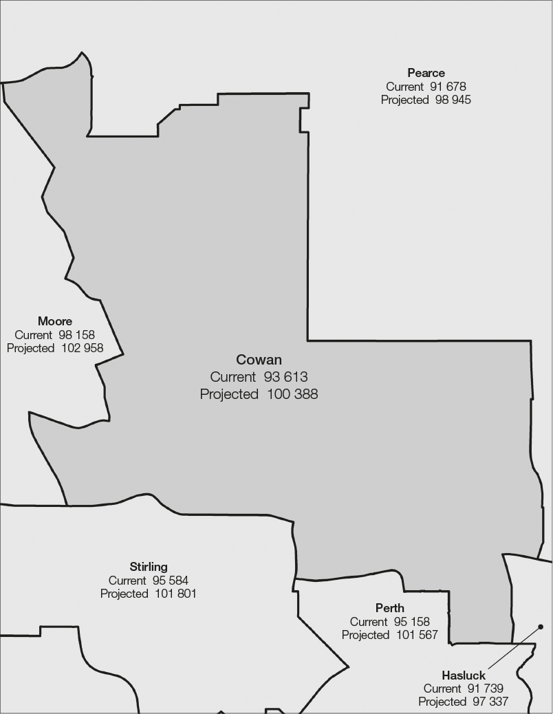 The proposed Division of Cowan is surrounded by the Divisions of Hasluck, Moore, Pearce, Perth and Stirling