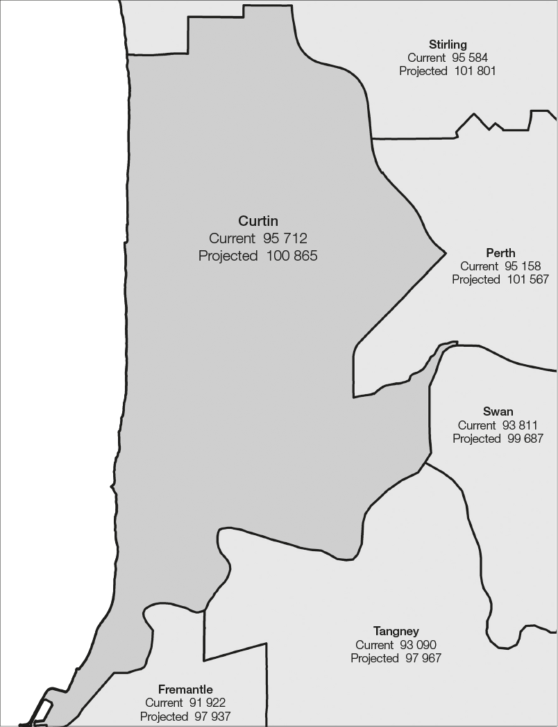 The proposed Division of Curtin is surrounded by the Divisions of Perth and Stirling north of the Swan River and the Divisions of Fremantle, Swan and Tangney south of the Swan River