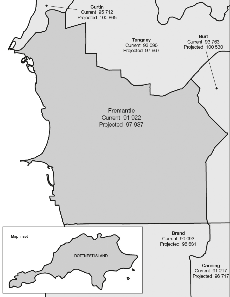 The proposed Division of Fremantle is surrounded by the Divisions of Brand, Burt, Canning, Curtin, and Tangney