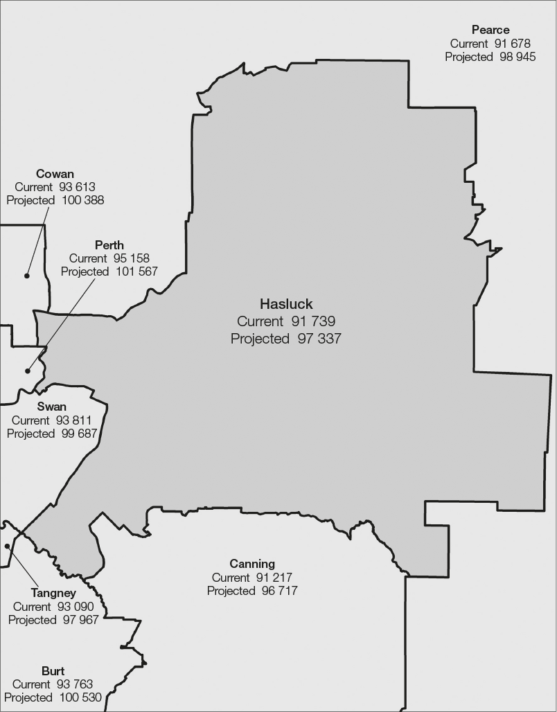 The proposed Division of Hasluck is surrounded by the Divisions of Burt, Canning, Cowan, Pearce, Perth, Swan and Tangney