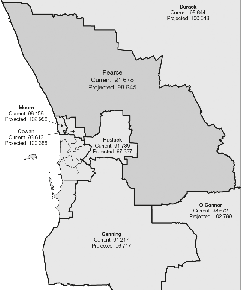 The proposed Division of Pearce is surrounded by the Divisions of Canning, Cowan, Durack, Hasluck, Moore, and O’Connor