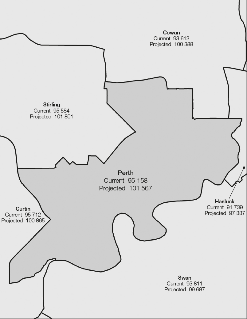 The proposed Division of Perth is surrounded by the Divisions of Cowan, Curtin, Hasluck, Stirling and Swan