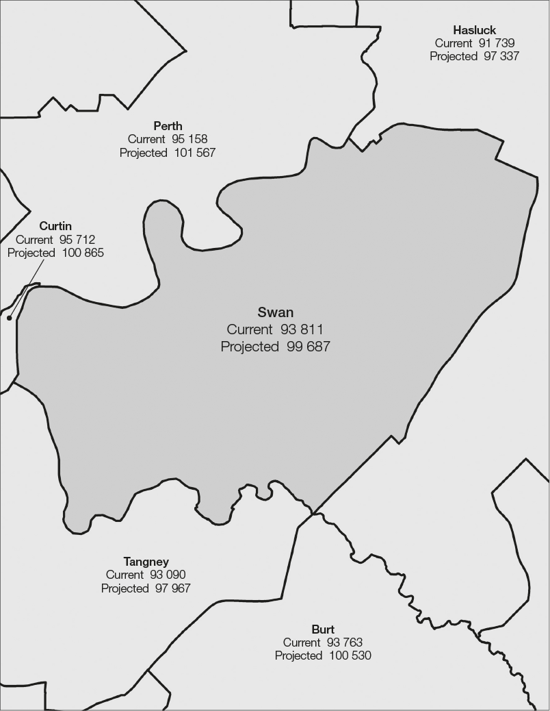 The proposed Division of Swan is surrounded by the Divisions of Burt, Curtin, Hasluck, Perth and Tangney