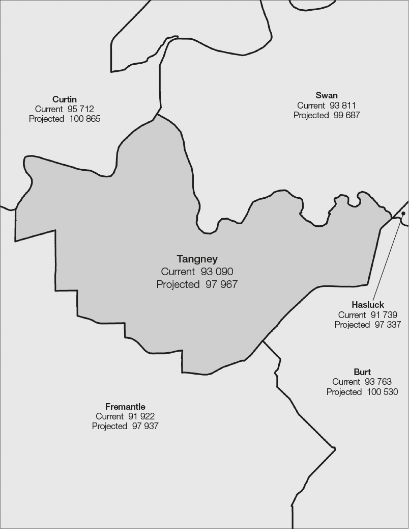 The proposed Division of Tangney is surrounded by the Divisions of Burt, Curtin, Fremantle, Hasluck and Swan